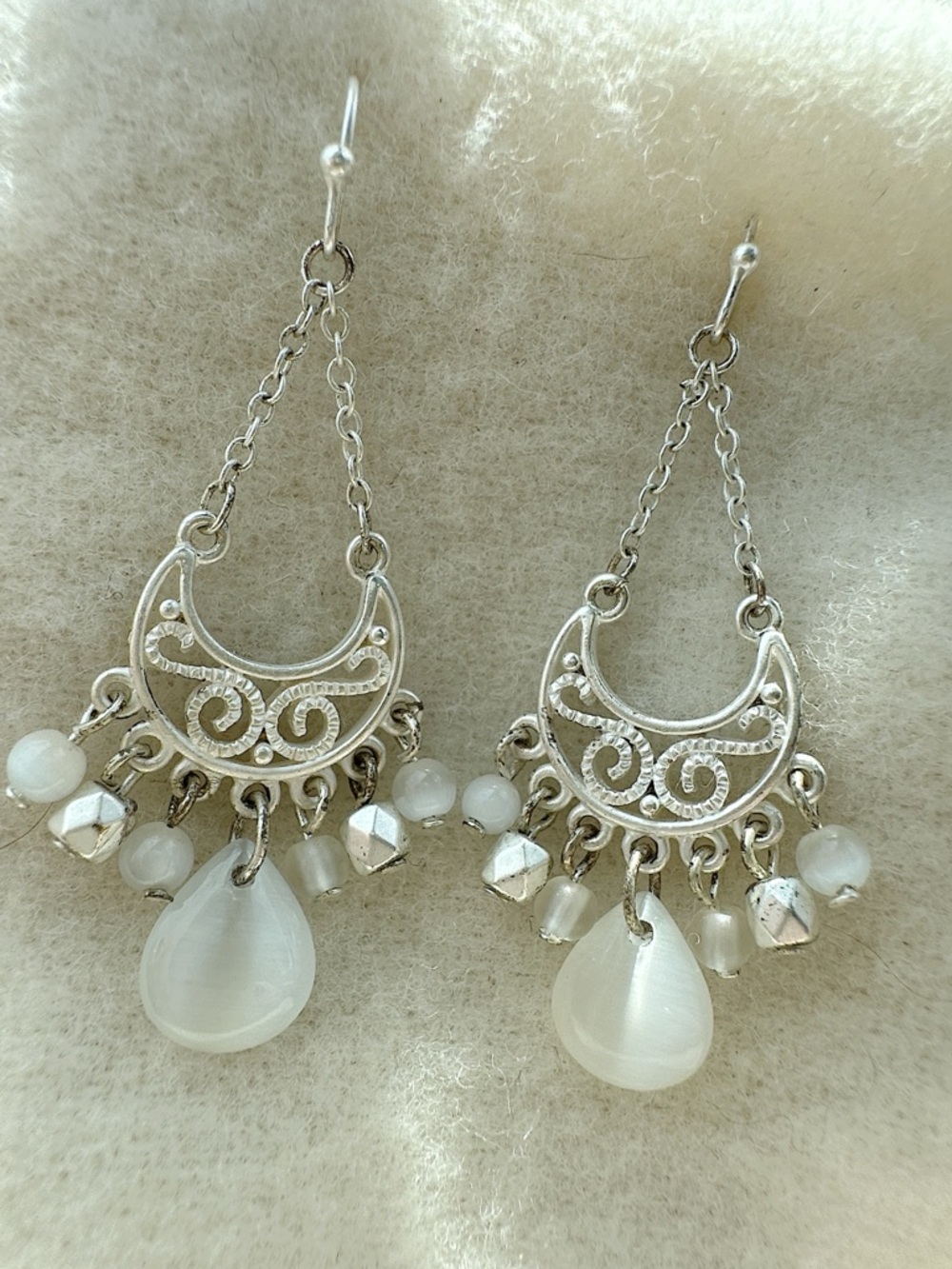 Silver-Tone Filigree Teardrop Dangle Earrings - White